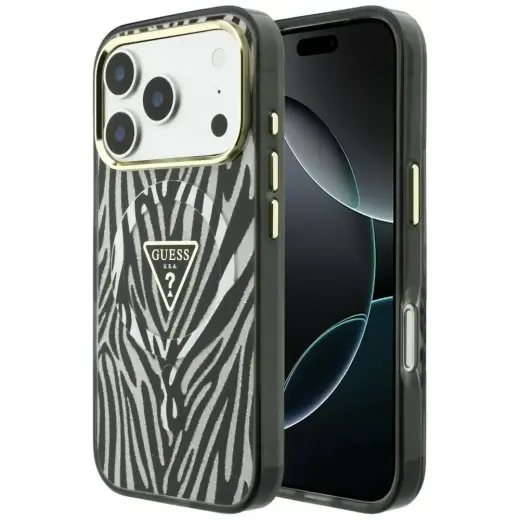 Guess IML Zebra Glitter Triangle Logo telefono dėklas su MagSafe palaikymu iPhone 18 Pro | iPhone 17 Pro sidabrinis (zebra)