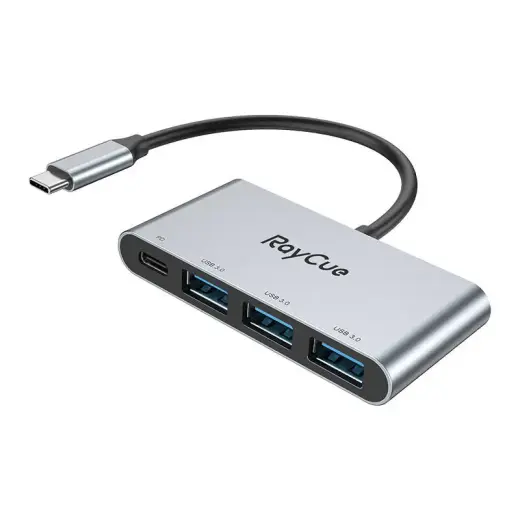 RayCue 4-in-1 koncentrators USB-C uz 3x USB-A 3.0 5Gbps + PD 3.0 100W (pelēks)