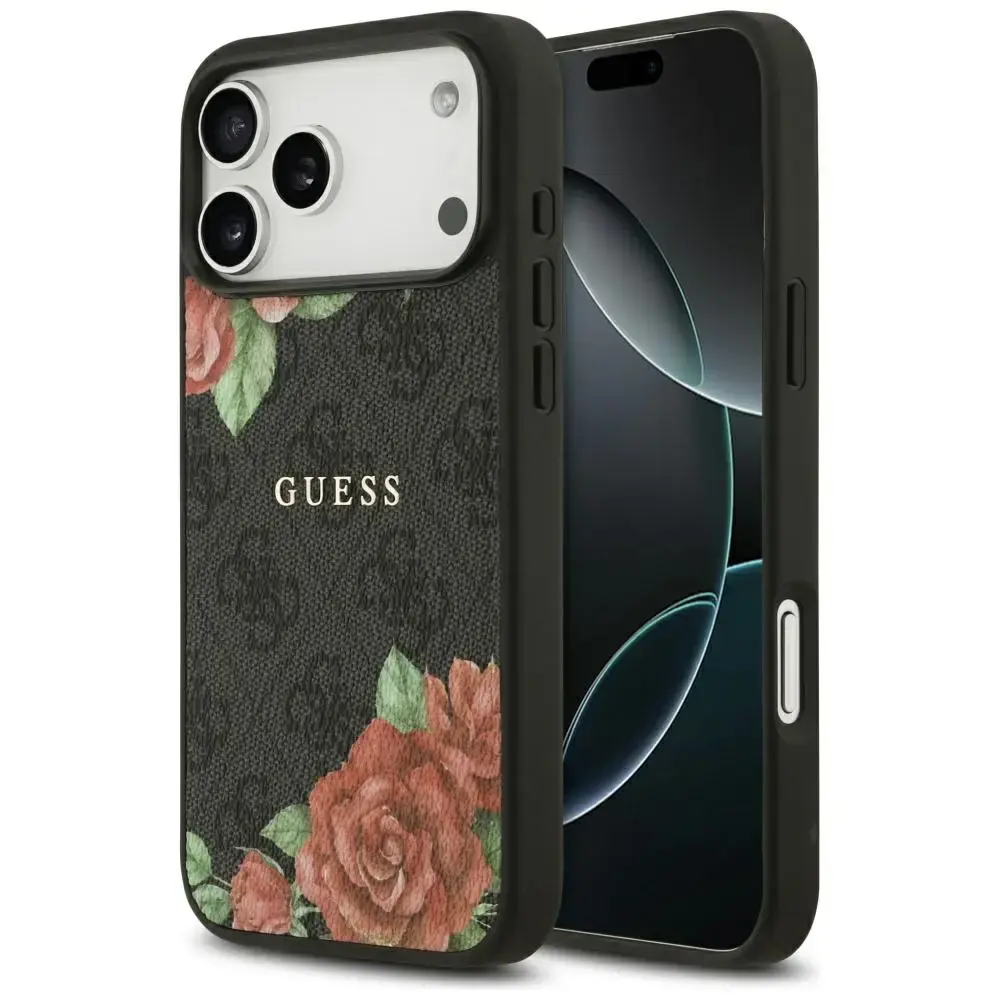 Guess 4G Flowers Print maciņš ar MagSafe atbalstu telefonam iPhone 17 Pro melns