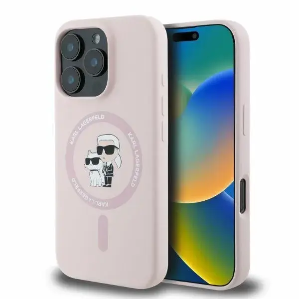 Original Pouch KARL LAGERFELD hardcase Silicone KC Heads Ring MagSafe KLHMP16MSCMKCRHP for Iphone 16 Plus pink