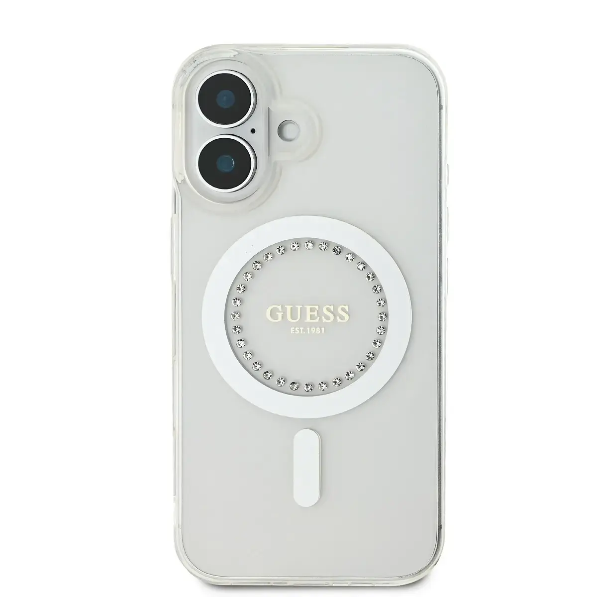 Guess IML Rhinestones Ring MagSafe Case for iPhone 16 White