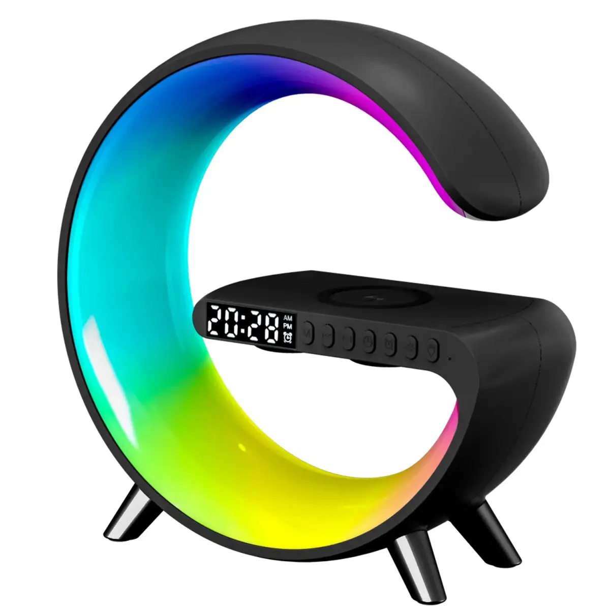 Multifunctional LED RGB lamp with speaker, induction charger, digital clock, alarm clock, bluetooth