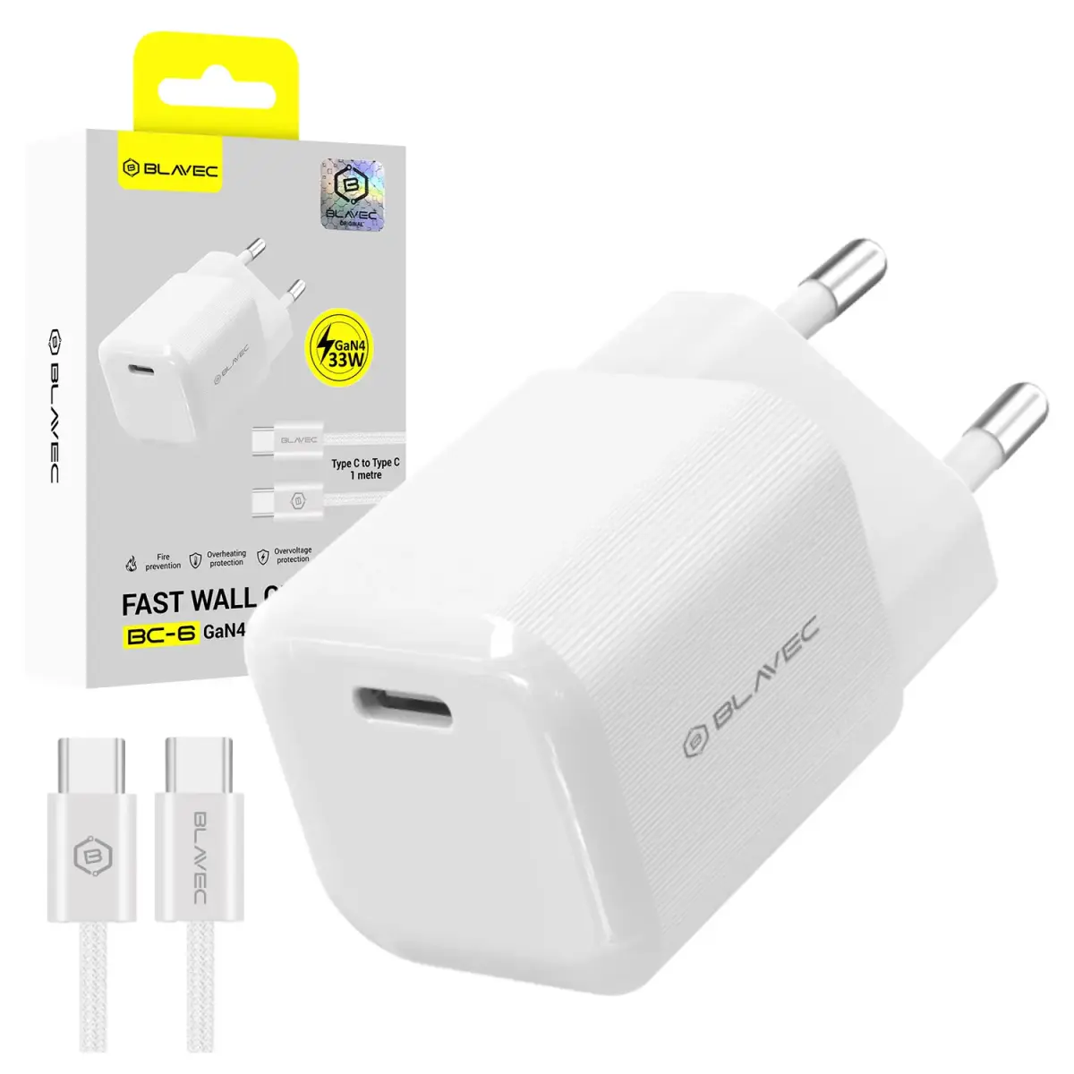Blavec BC-6 tīkla lādētājs | 33W | PD, QC, GaN | USB-C | ar USB-C uz USB-C vadu komplektā | balts