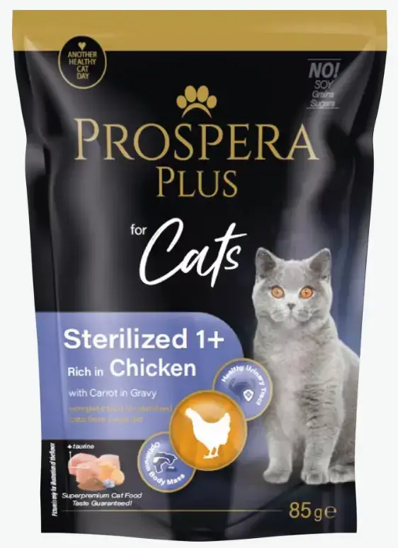 Konservi kaķiem - Prospera Plus, Cat Pouch Sterilized 1+, Chicken and Carrot, 85 g