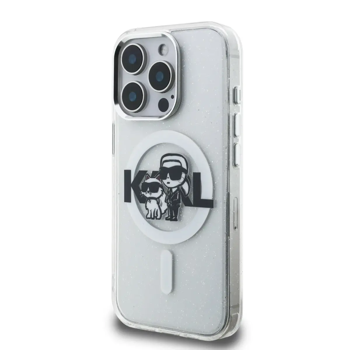 Karl Lagerfeld IML Glitter Karl and Choupette Sketch MagSafe Case for iPhone 15 Pro Transparent