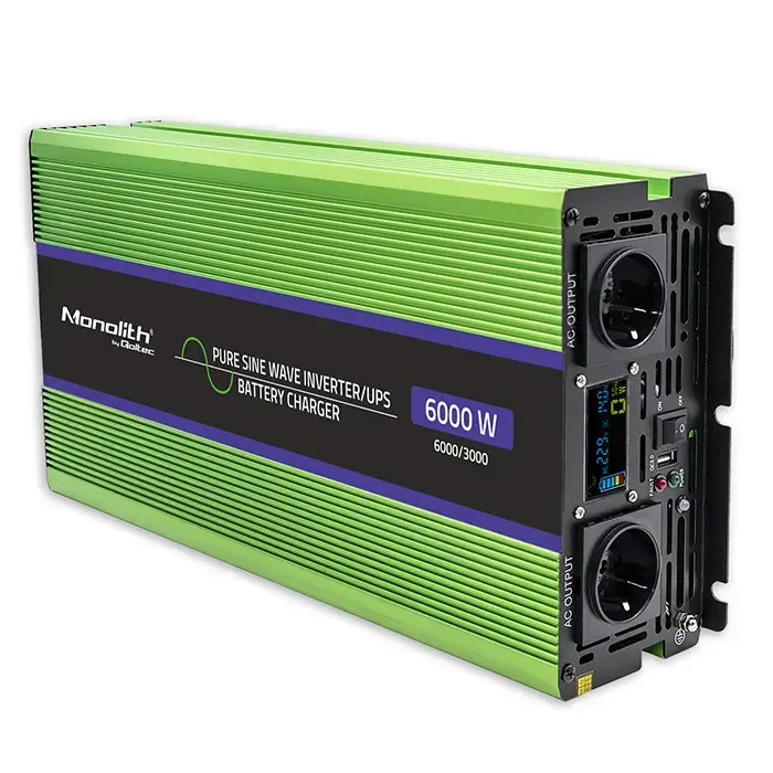 Qoltec Pure Sine Wave Inverter Monolith | battery charger | UPS | 3000W | 6000W | 12V to 230V | LCD