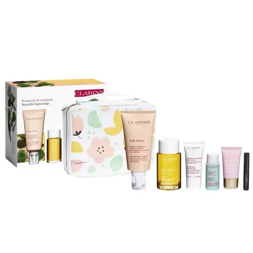 Maternity Set Clarins: Clarins, GWP Textile Pouch + Tonic, Firming, Body Oil, 100 ml + Body Partner, Anti-Stretch Marks, Body Cream, Body, 175 ml + Clarins, Exfoliating, Body Scrub, 30 ml + Extra-Firming Energy, Anti-Wrinkle, Day, Cream, For Face, 15 ml + Wonder Volume, Volumising, Mascara, Black, 3 ml *Miniature