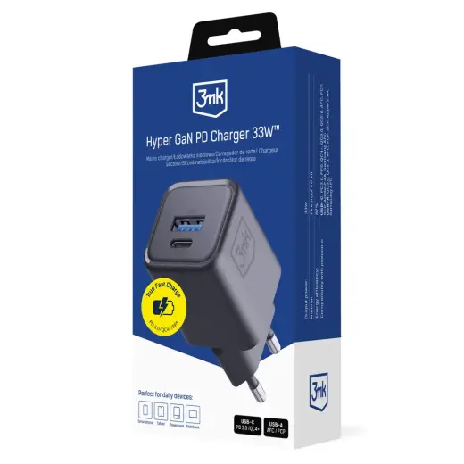 Зарядное устройство 3mk Hyper Charger | 33W | PD, QC, PPS, GaN | USB-C, USB-A | черное