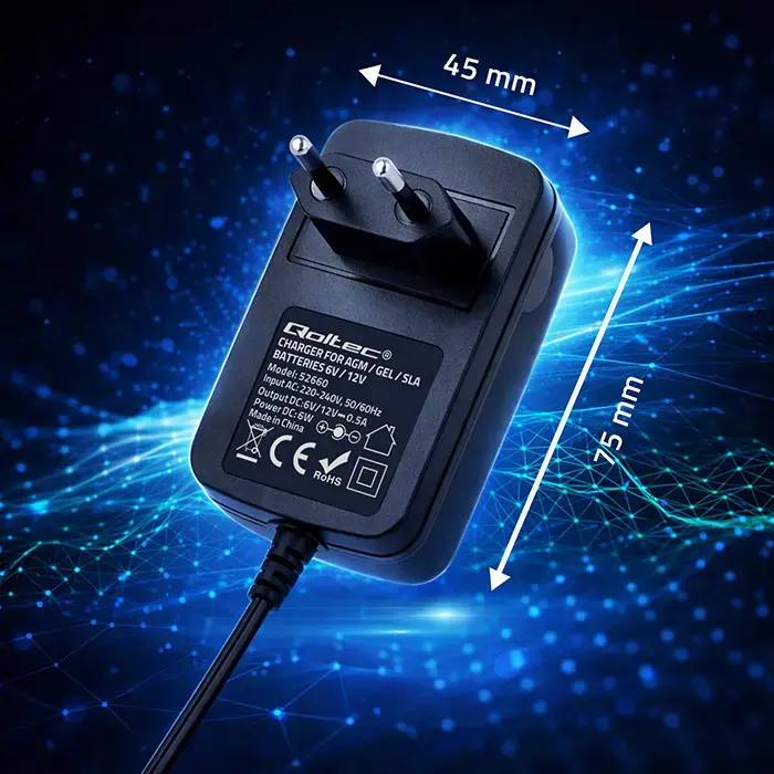 Qoltec 52660 automātiskais lādētājs AGM GEL STD akumulatoriem | 6V/12V lādētājs | 6W | 5,5x2,1 | 1,8m kabelis