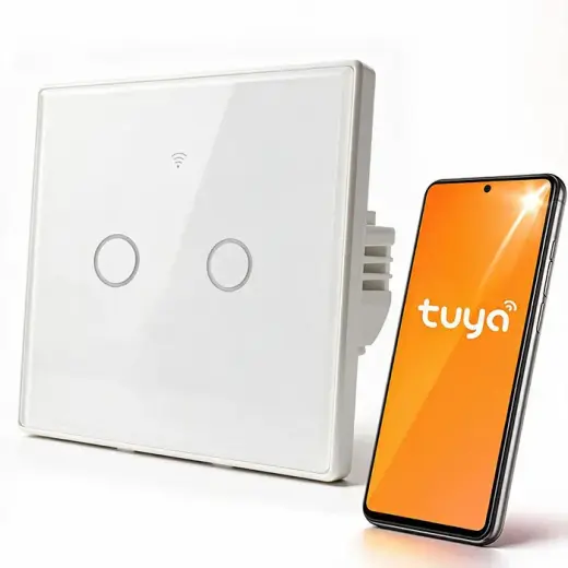 Qoltec Smart Touch 2-Gang Light Switch | Wi-Fi | Timer | Tuya | Smart Life | Tempered Glass | White