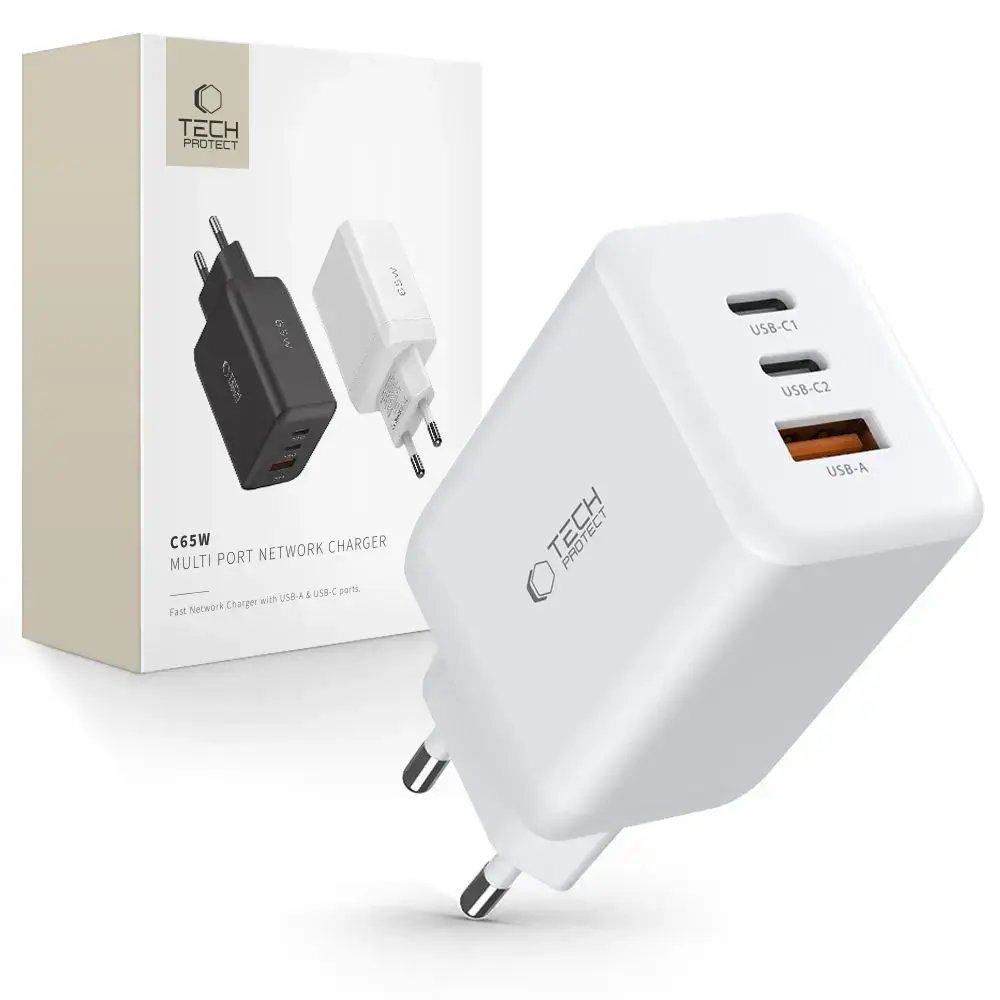 Tech-Protect C65W tīkla lādētājs | 65W | PD, QC3.0 | USB-C, USB-A | balts