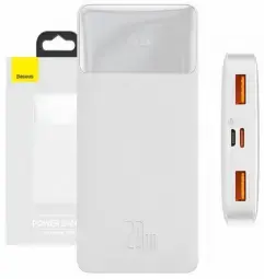 Baseus Bipow ārējais akumulators (powerbank) | 10000 mAh | 20W | USB-A, USB-C, Micro USB | LED ekrāns | balts