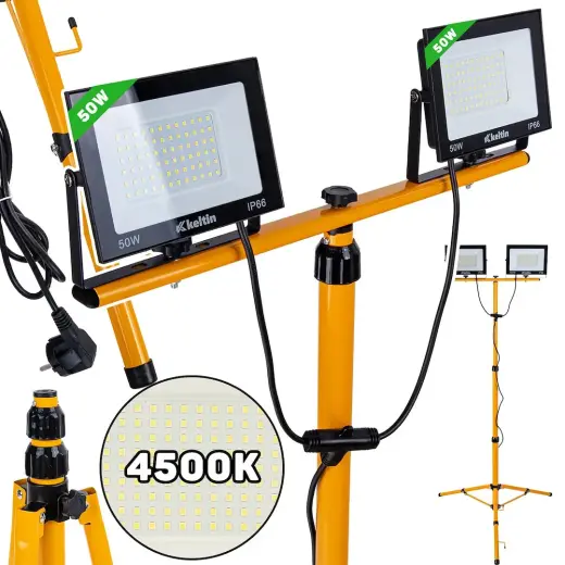 LED prožektor 2x50W teleskoopilise ehitusstatiiviga – neutraalvalge värv 4500K