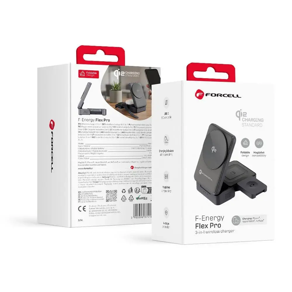 Forcell F-Energy Flex Pro F-05 3-in-1 bezvadu lādētājs | Qi 2 | Saderīgs ar MagSafe | sudraba