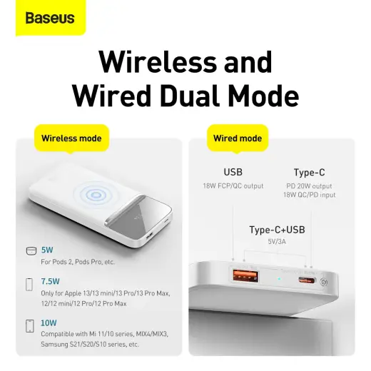 Baseus Magnetic 20W Wireless charger power bank, 10000mAh, USB + USB-C (white)