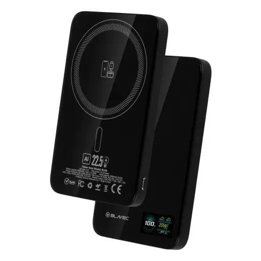 Blavec BJ-04 Ultra Slim 7,8mm ārējais akumulators (powerbank) | 5000 mAh | 22.5W | USB-C, MagSafe | LED ekrāns | melns