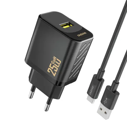 Dudao A27STEU kelioninis įkroviklis | 25W | GaN | USB-A | su USB-A į USB-C laidu komplekte | juodas