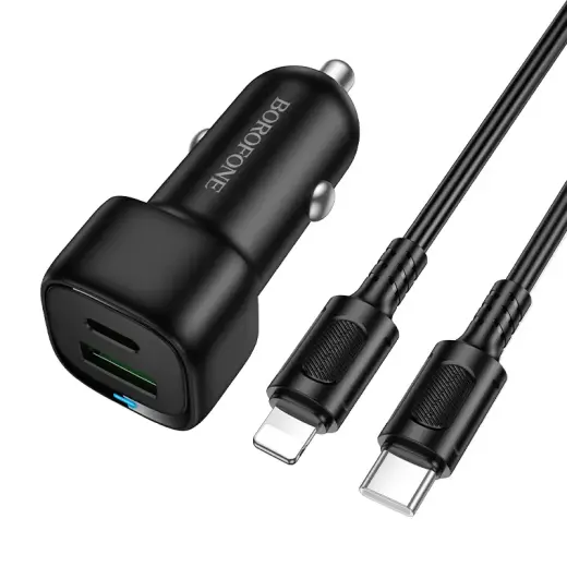 Borofone BZ34B Cloud auto lādētājs | 20W | PD, QC | USB-A, USB-C, Lightning | ar USB-C uz Lightning vadu komplektā | melns