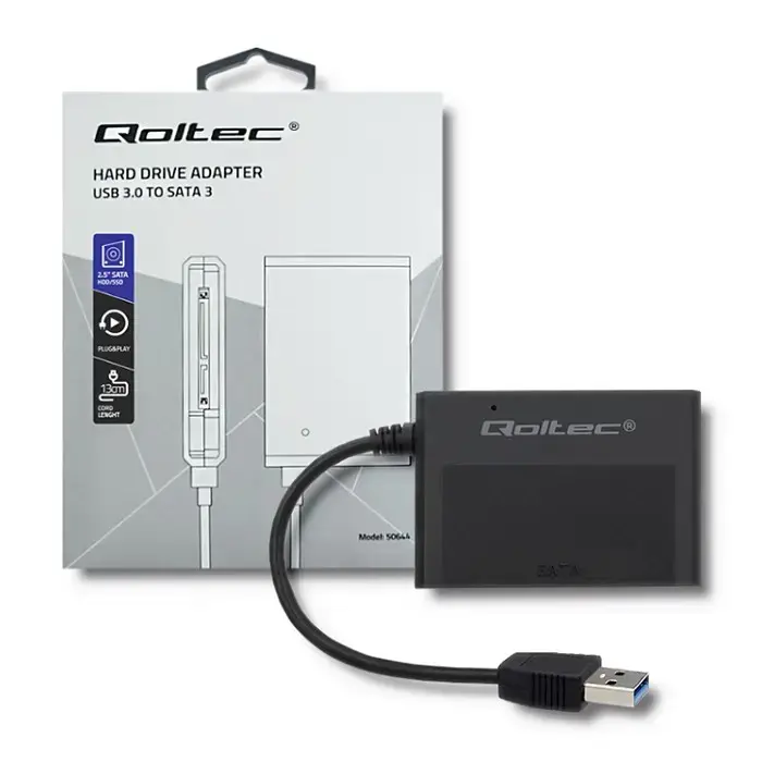 Qoltec 50644 cietā diska adapteris | USB 3.0 uz SATA3 2,5 collas | HDD | SSD | Melns