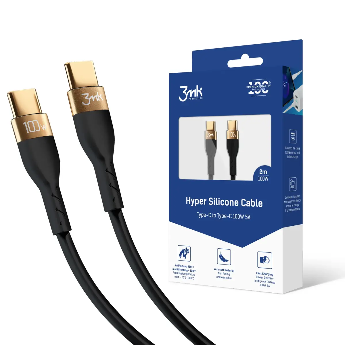 3mk Hyper data transfer and charging cable | USB-C to USB-C | 100W | 2m | black