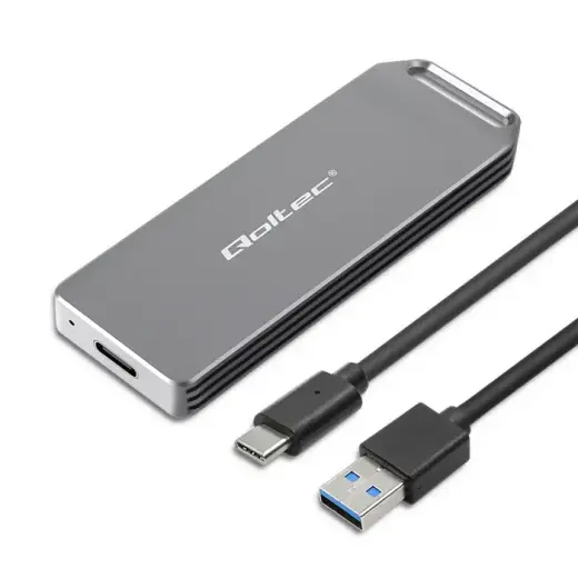 Qoltec 52266 mini alumīnija korpuss | M.2 SSD NVMe PCIe | USB-C 3.1 Gen 2 10Gb/s | 2TB sudrabkrāsas