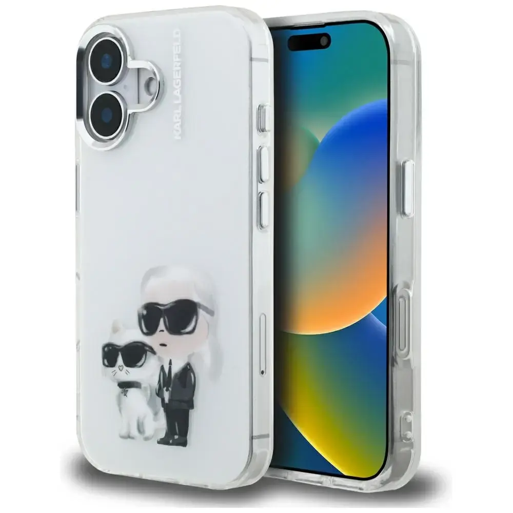 Karl Lagerfeld IML Aquarelle Karl & Choupette & Logo maciņš telefonam iPhone 16 balts