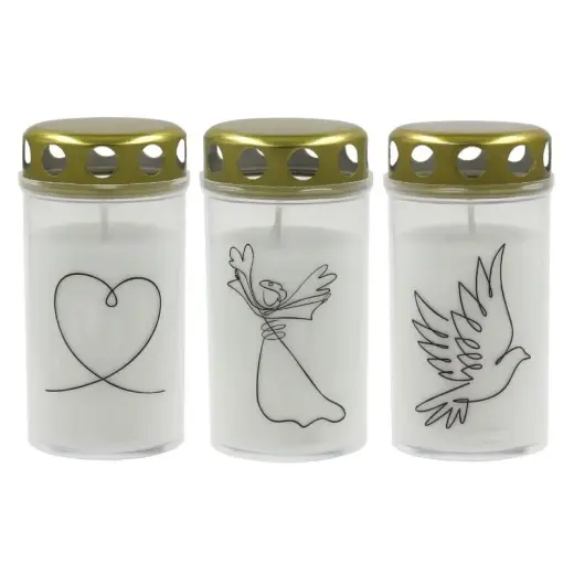 Grave candle with cap 5,6x11,5cm, burning time ~40h, white with mix print