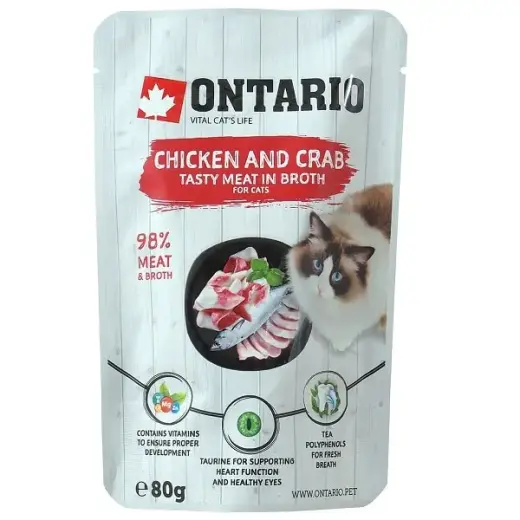 Konservi kaķiem – Ontario Pouch Chicken and Crab in Broth, 80 g
