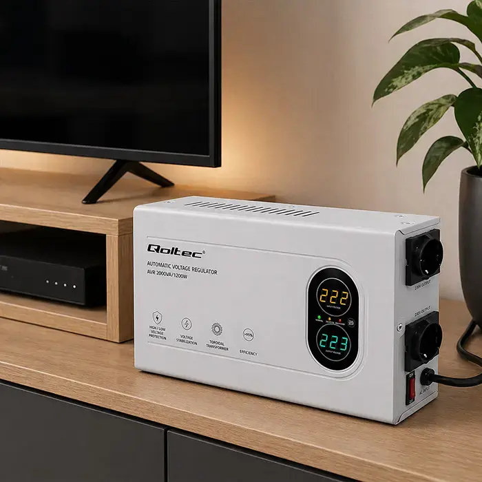 Qoltec Automatic Voltage Stabilizer AVR 2000VA | 1200W | Compact | Toroidal transformer
