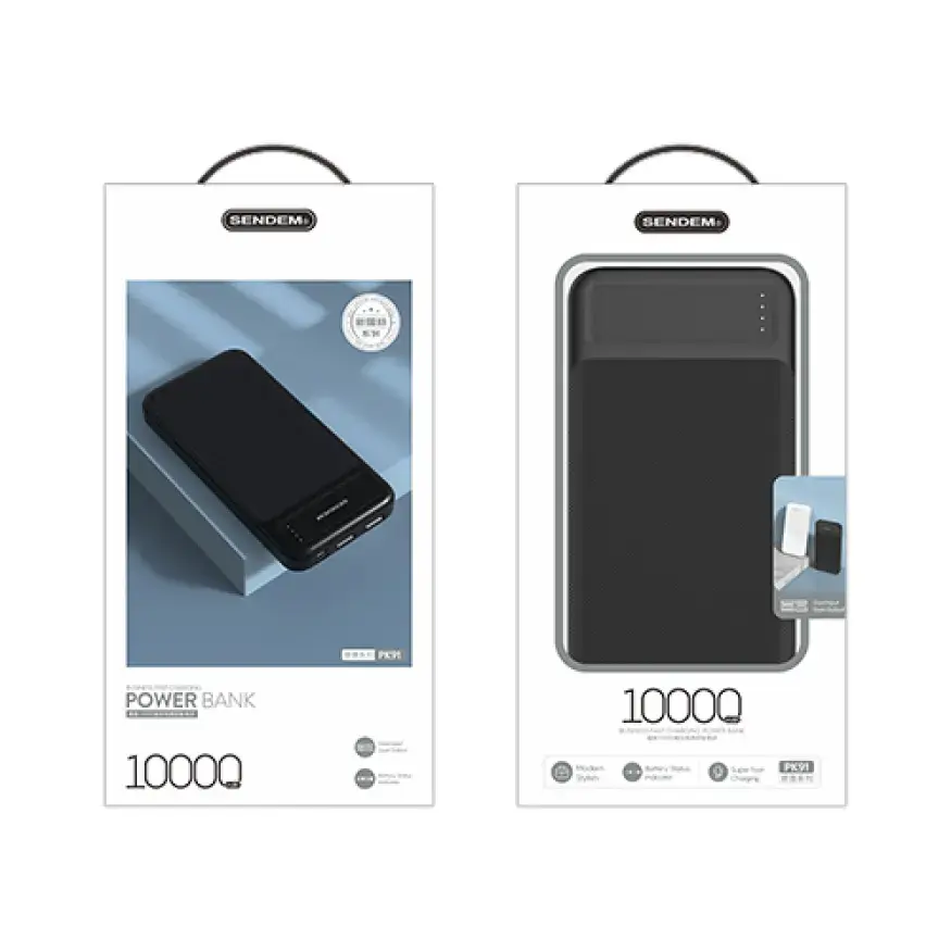 SENDEM PK91 ārējais akumulators (powerbank) | 10000 mAh | 10.5W | Micro USB, USB-C, USB-A | melns