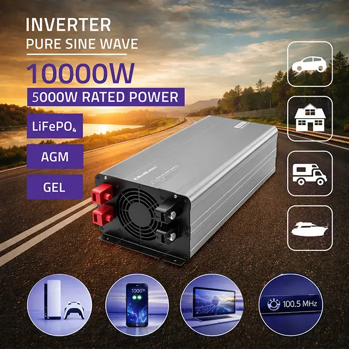 Qoltec Pure Sine Wave Inverter | 24V to 230V | 5000/10000W | USB | Compatible with LiFePO4 GEL AGM