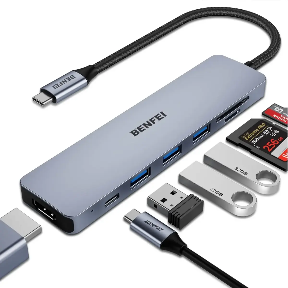 BENFEI adapter hub 7 in 1 USB C to 4K HDMI USB C 100W PD 3x USB A SD microSD gray