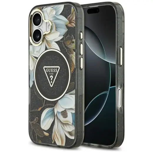 Guess IML Glitter Flowers Triangle phone case for Apple iPhone 17 black