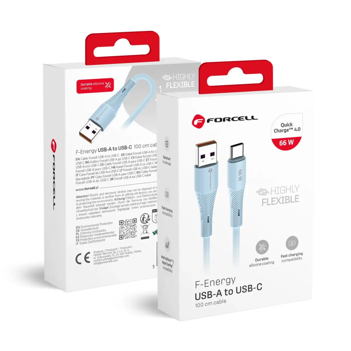 Forcell C342 datu pārraides un uzlādes vads | USB-A uz USB-C | QC 4.0 | 66W | 1m | zils