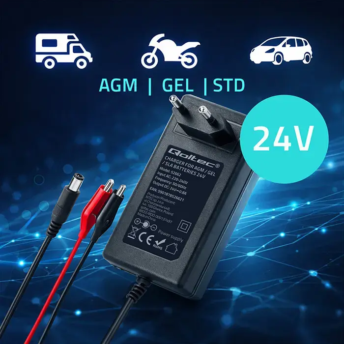 Qoltec 52662 automātiskais lādētājs AGM GEL STD akumulatoriem | 24 V lādētājs | 19,2 W | 5,5x2,1 | 1,8 m kabelis