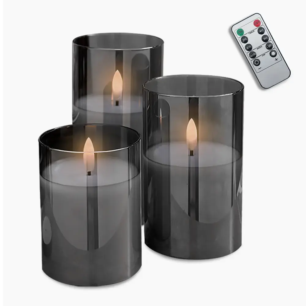 Decorational LED Candle set 3 pcs. smoked glass + remote