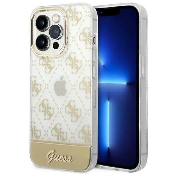 Guess PC|TPU Peony Glitter Script Logo maciņš iPhone 14 Pro Max zeltains