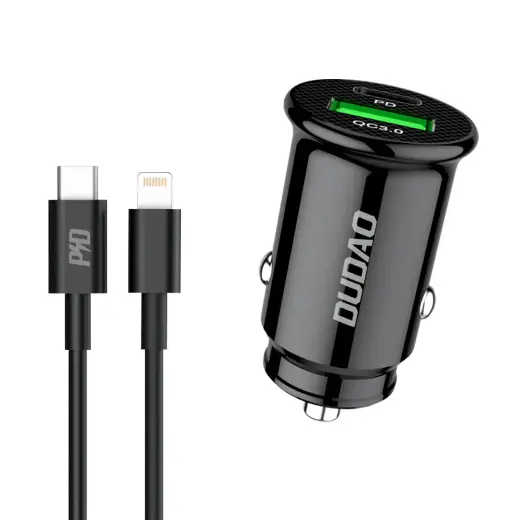 Dudao fast car charger with USB ports QC3.0 + Type C PD black + USB-C cable - Lightning 18W black (R3PRO)