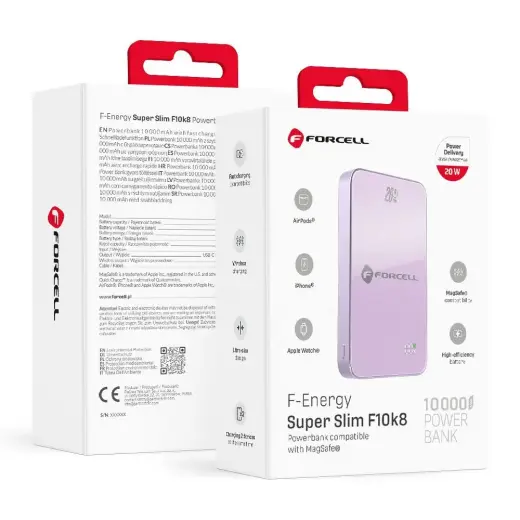 Forcell F-Energy SuperSlim F10K8 ārējais akumulators (powerbank) | 10 000 mAh | 15W | PD, QC | MagSafe | violets