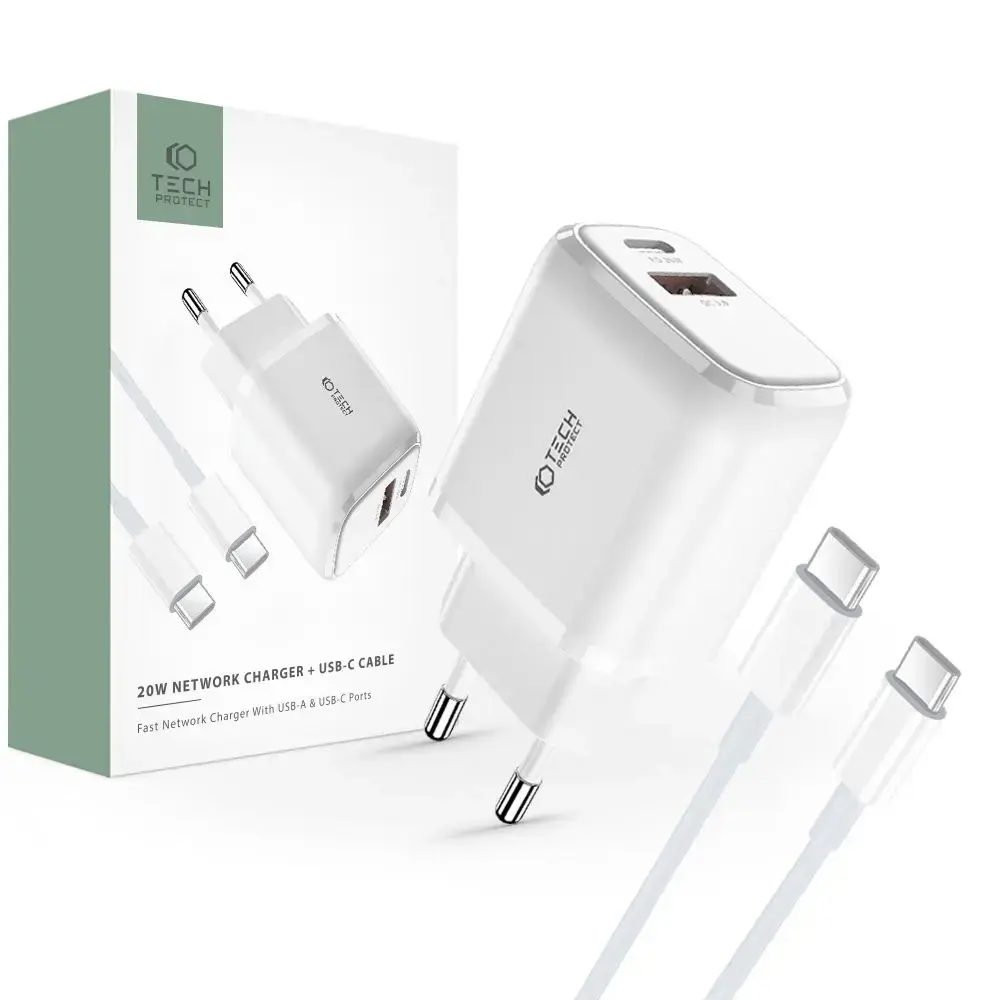 Tech-Protect C20W tīkla lādētājs | 20W | PD, QC 3.0 | USB-C, USB-A | USB-C uz USB-C vads komplektā | balts