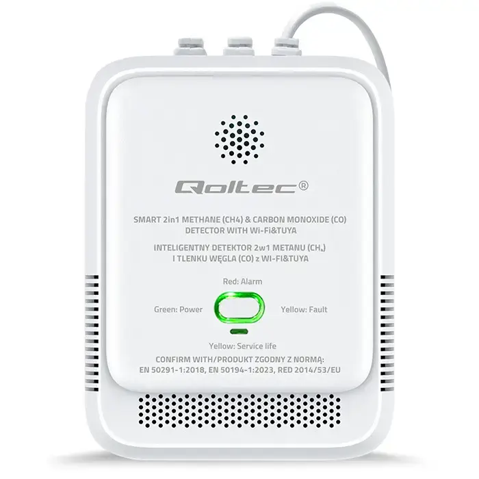 Qoltec Certified natural gas and carbon monoxide (CO) leak detector | CH4 | CO | NG | Tuya | Wi-Fi | 85dB alarm | LED