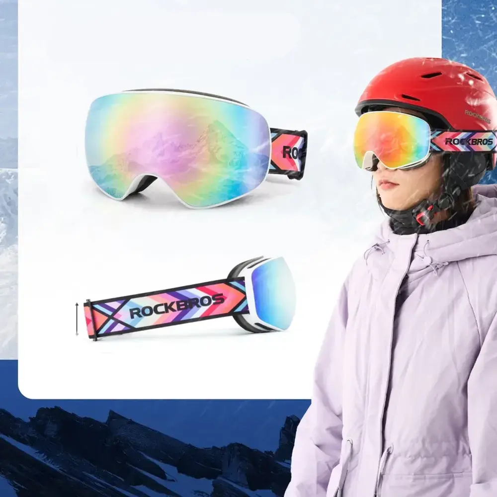 Rockbros SP284 Kids Ski Goggles Anti-Fog with UV Filter Gray Lens with Pink Mirror - White