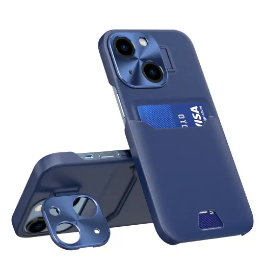 Leather Stand book type phone case with stand for iPhone 14 blue