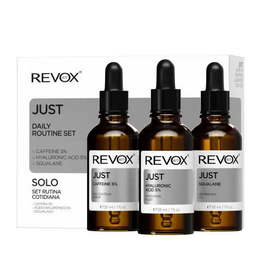 Daily Routine Set Revox B77: Just, Squalane, Nourishing, Oil, For Face, 30 ml + Just, Caffeine 5%, Anti-Dark Circles, Day, Eye Serum, 30 ml + Just, Hyaluronic Acid 5%, Hydrating, Fluid, For Face, 30 ml