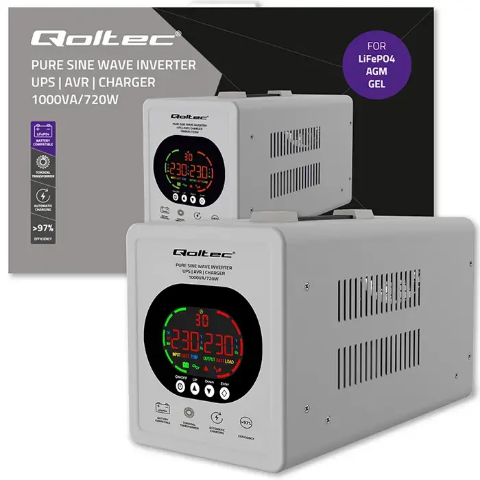 Qoltec Pure Sine Wave UPS | 1000VA/720W | 12/230V inverter with AVR | LCD | LiFePO4 AGM GEL