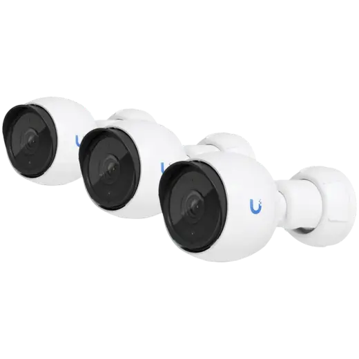 UBIQUITI G4 Bullet 3-pack;  2K (4MP) video resolution; Flexible 3-axis adjust mount; 9 m (30 ft) IR night vision; AI event detections; Record audio with an integrated microphone; Connect and power using PoE; Ruggedized metal enclosure; Weatherproof (outdoor exposed).