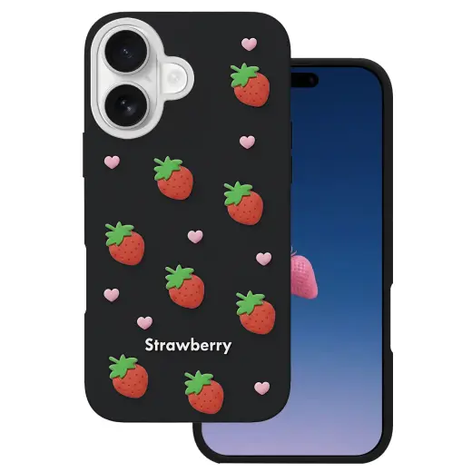 Strawberry telefono dėklas iPhone 16 juodas
