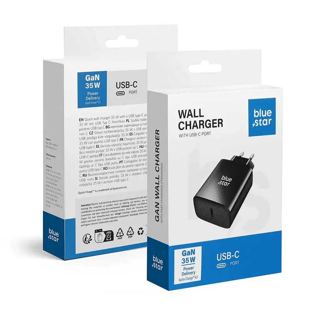 Blue Star TFB-TC-35WPD tīkla lādētājs | 35W | PD, QC | USB-C | melns
