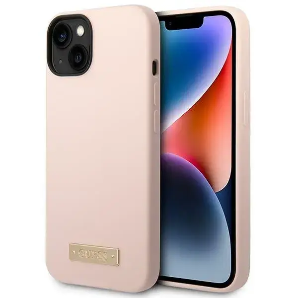 Guess Silikona Logotipa telefona maciņš priekš iPhone 14 Plus | iPhone 15 Plus 6.7 rozā cietā čehola ar MagSafe atbalstu