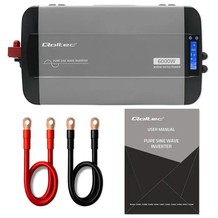 Qoltec Pure Sine Wave Inverter | 12V to 230V | 3000/6000W | LCD | USB | USC-C | Compatible with LiFePO4 GEL AGM